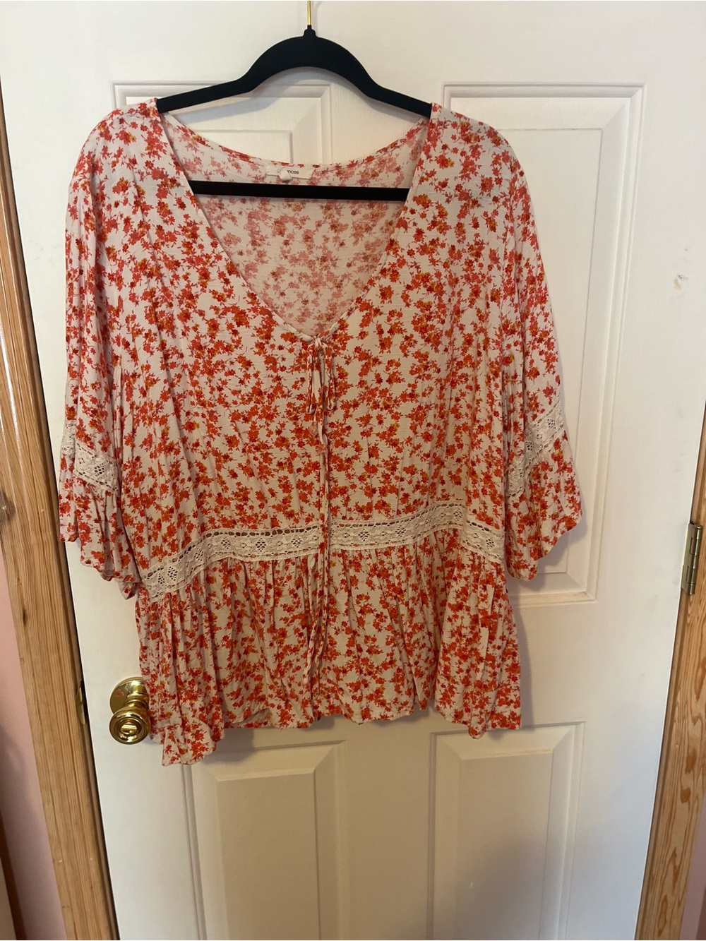 Tie-Front Floral Peasant Tunic in Coral and Cream